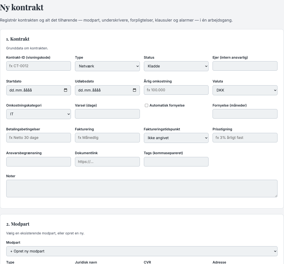 Formular til at oprette en ny leverandøraftale i CLM365