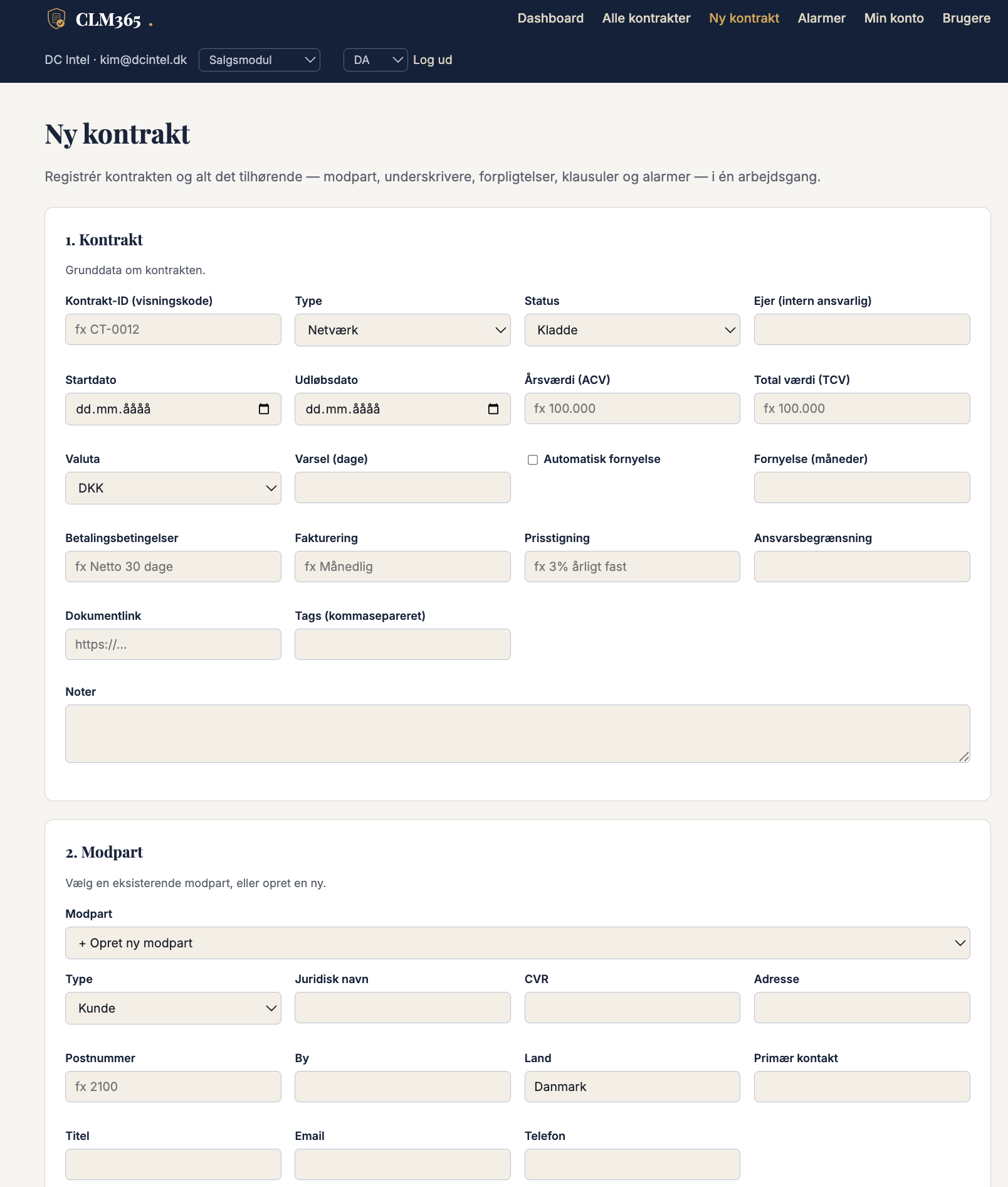 Formular til at oprette en ny kontrakt i CLM365